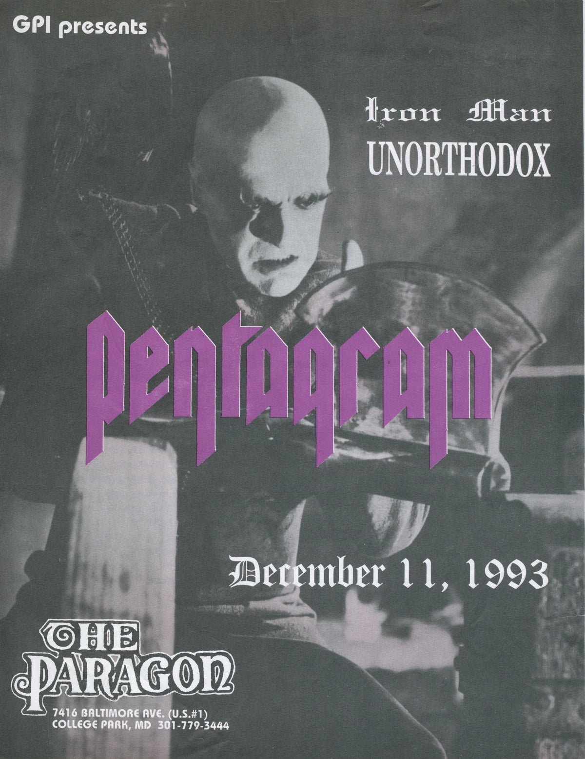 Vintage Pentagram Iron Man Unorthodox "The Paragon" College Park, MD Flyer + Cardstock Postcard - jointcustodydc
