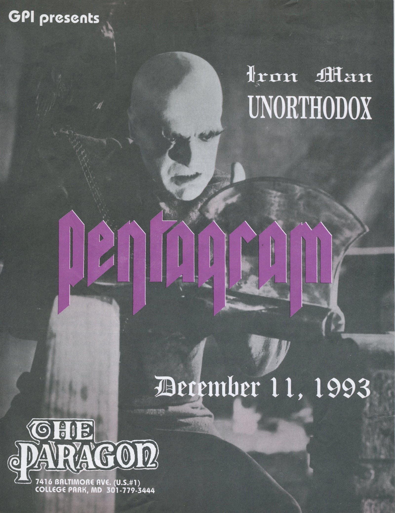 Vintage Pentagram Iron Man Unorthodox "The Paragon" College Park, MD Flyer + Cardstock Postcard - jointcustodydc
