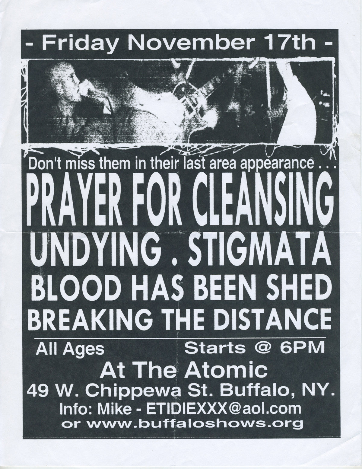 Vintage Prayer For Cleansing Stigmata Undying &quot;Buffalo, NY&quot; Hardcore Show Flyer