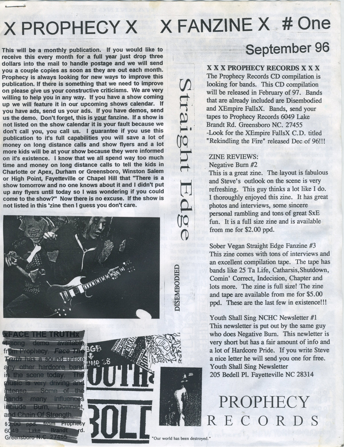 Vintage XProphecyX "North Carolina Straight Edge" Fanzine Issue #1 - jointcustodydc