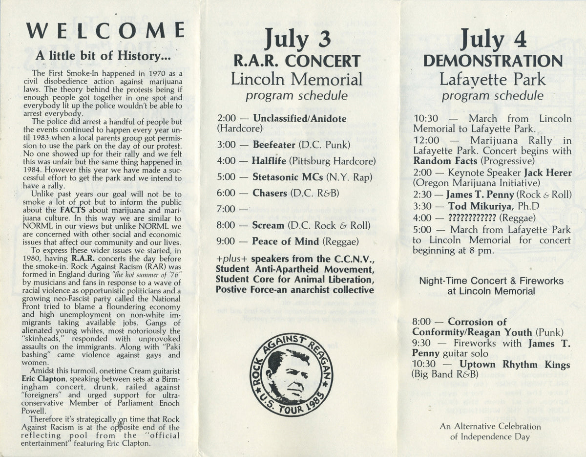 Vintage Rock Against Reagan Smoke In "Lafayette Park" Washington, DC '85 Pamphlet