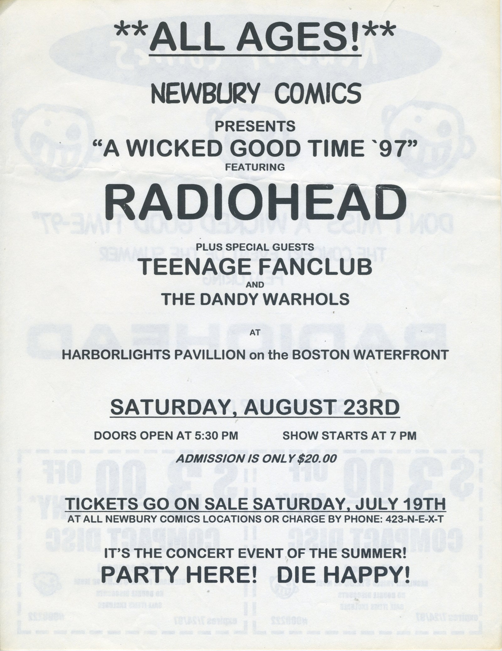 Vintage Radiohead "Teenage Fanclub Dandy Warhols" Harborlights Pavillion Boston, MA Double-Sided Flyer - jointcustodydc