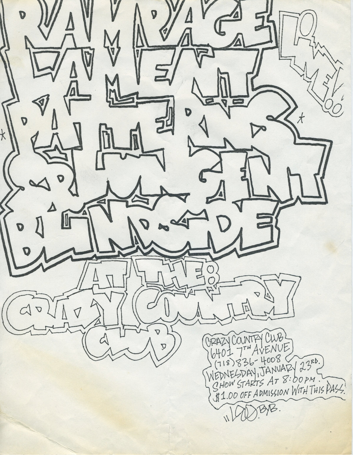 Vintage Rampage Lament Patterns Splungent Blindside &quot;Crazy Country Club&quot; NYHC Show Flyer