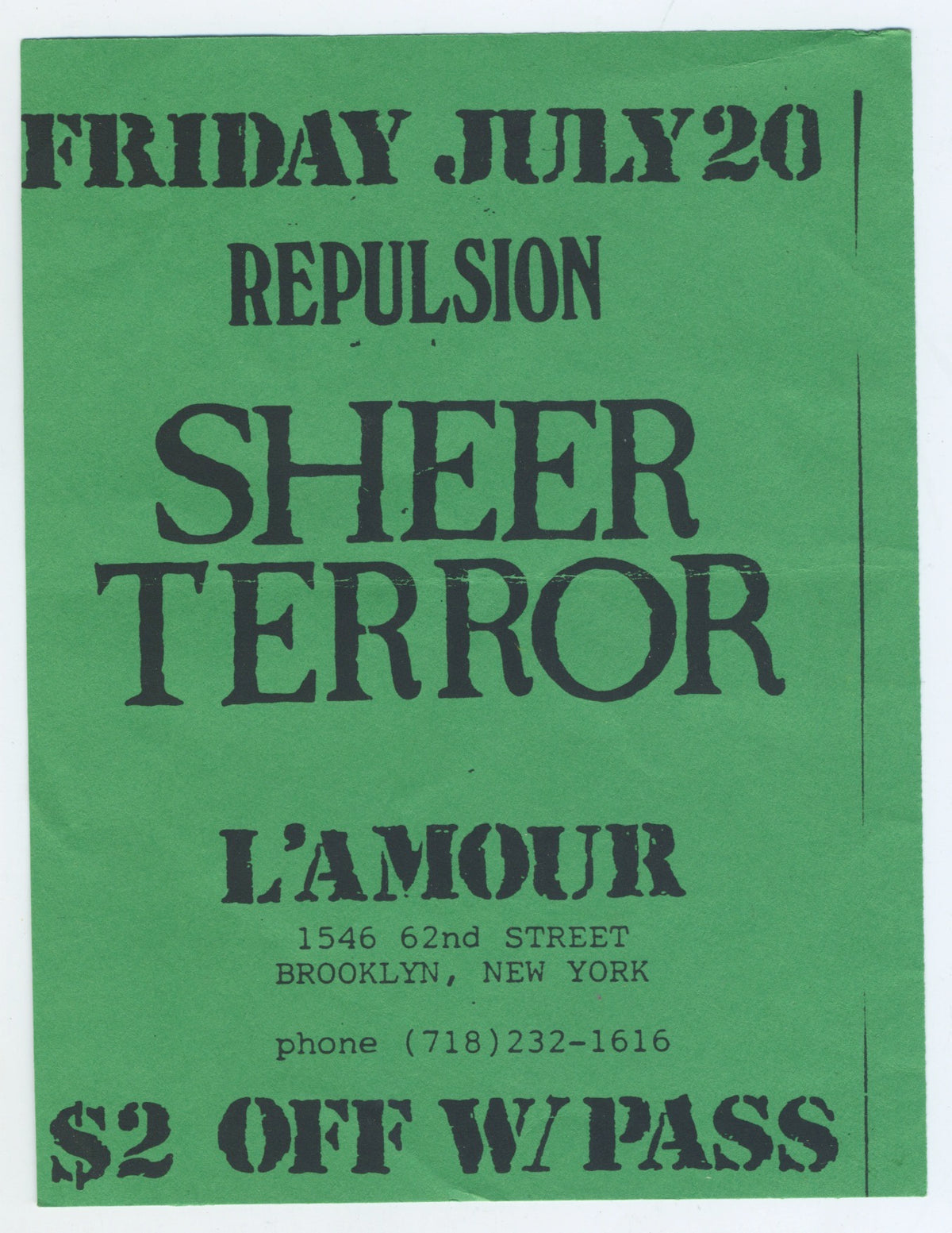 Vintage Repulsion Sheer Terror "L'Amour" Brooklyn, N.Y. Show Pass - jointcustodydc