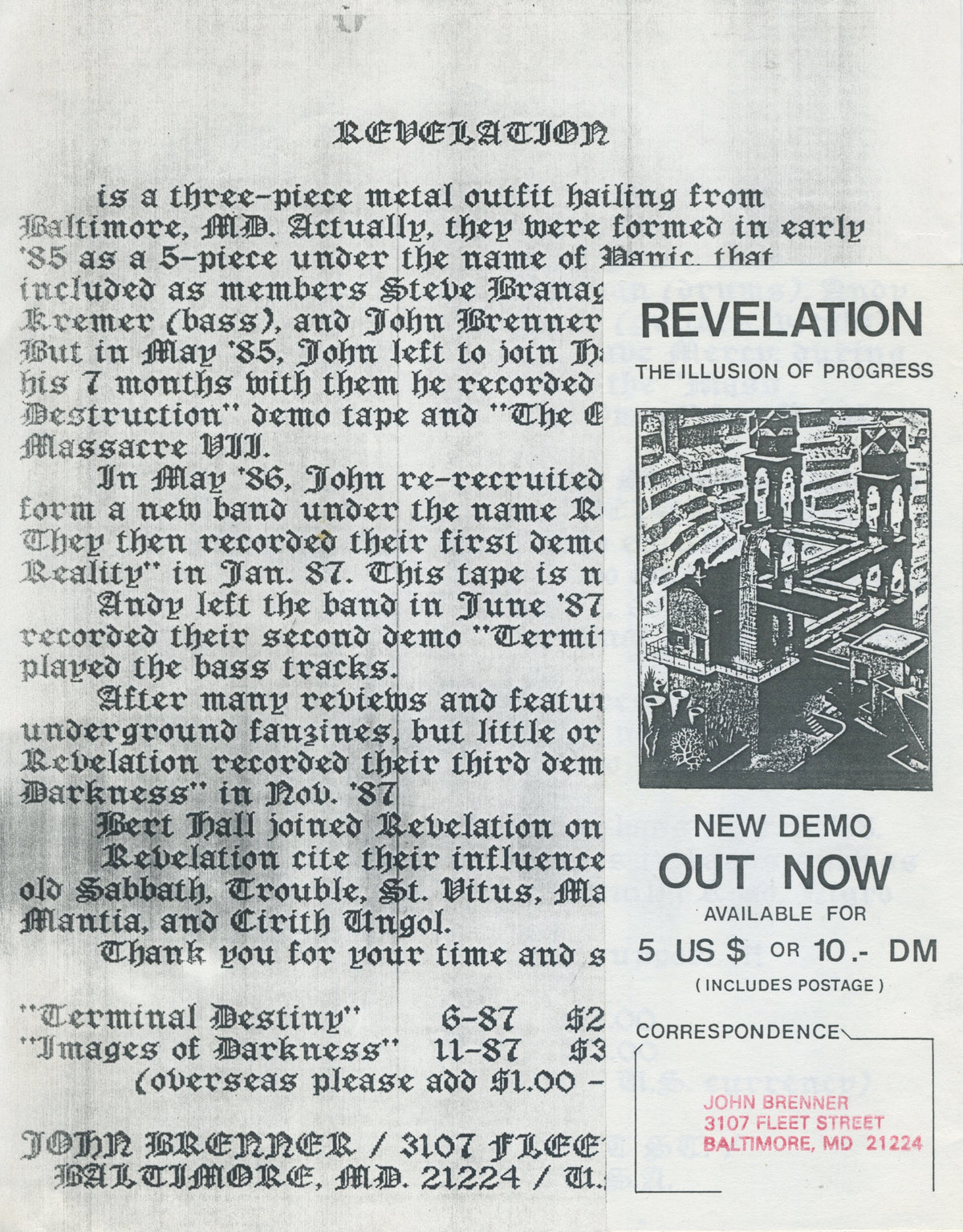 Vintage Revelation &quot;The Illusion Of Progress&quot; Maryland Doom &#39;87-89 Press Kit Flyers