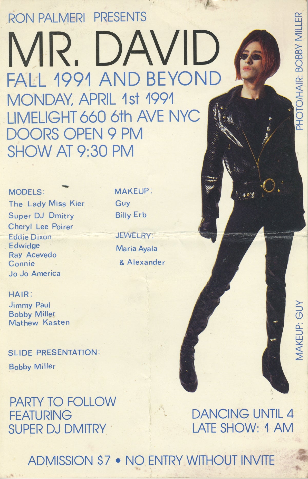 Vintage Ron Palmeri Presents "Lady Miss Kier" Mr. David Fall '91 Limelight NYC Show Handbill Flyer
