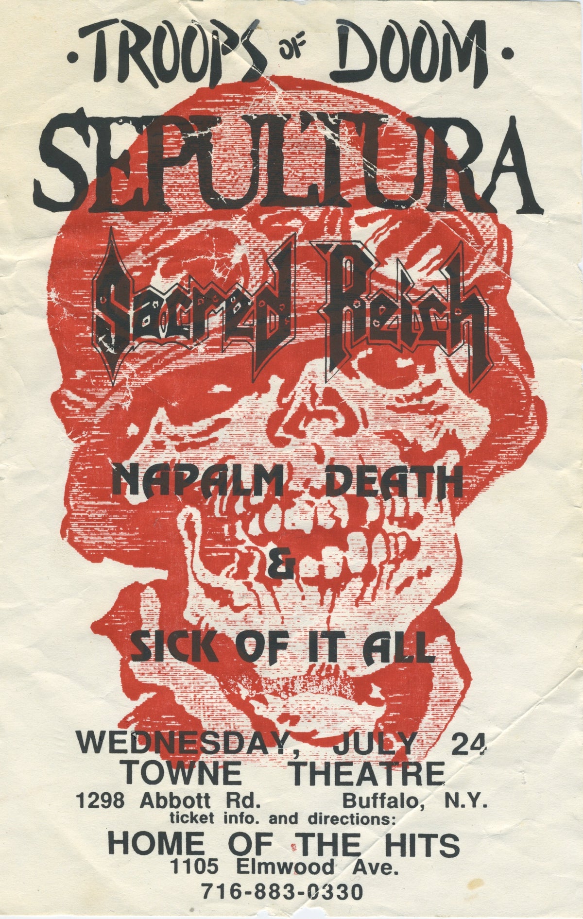 Vintage Sepultura Sacred Reich Napalm Death Sick Of It All "Town Theatre" Buffalo, NY Show Flyer