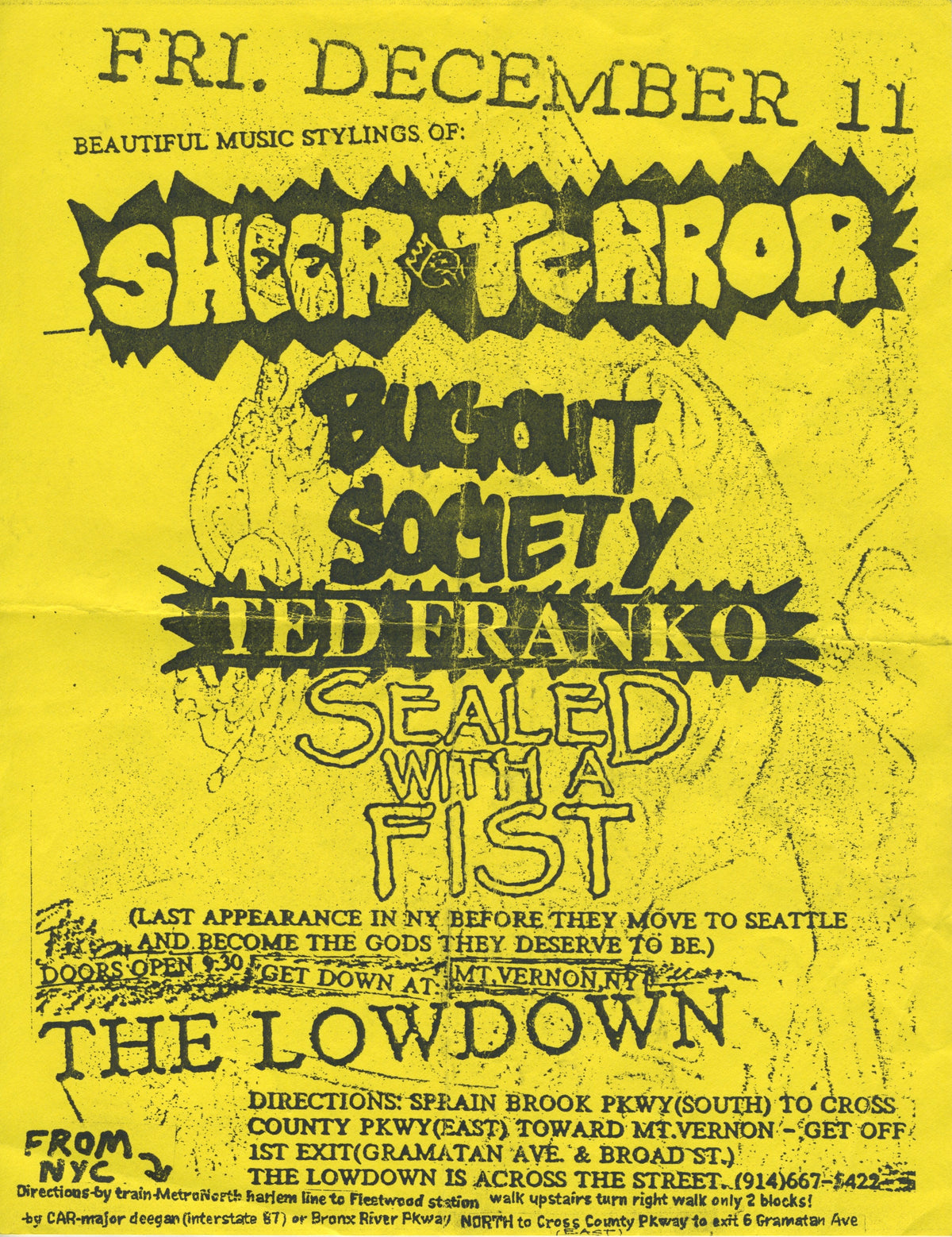 Vintage Sheer Terror Bugout Society Ted Franko Sealed With A Fist "The Lowdown" Mt. Vernon, NY Flyer - jointcustodydc