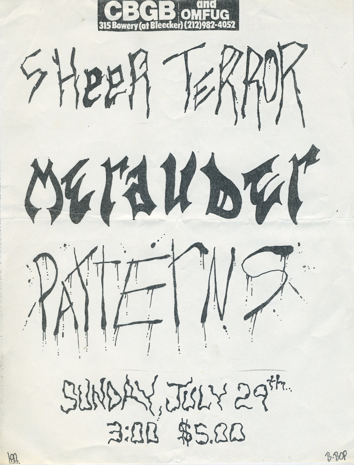 Vintage Sheer Terror Merauder Patterns "CBGB's" NYC Flyer - jointcustodydc