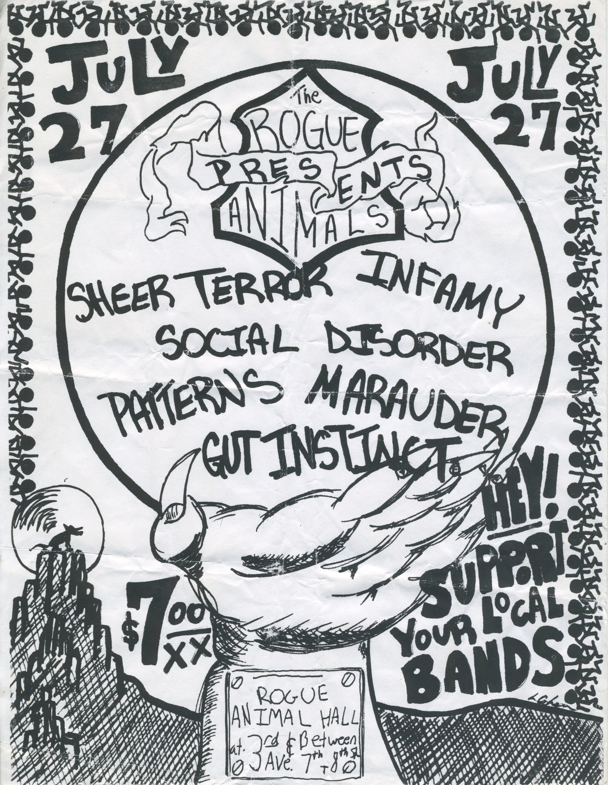 Vintage Sheer Terror Infamy Social Disorder Patterns Merauder Gut Instinct &quot;The Rogue Animal Hall&quot; NY Show Flyer
