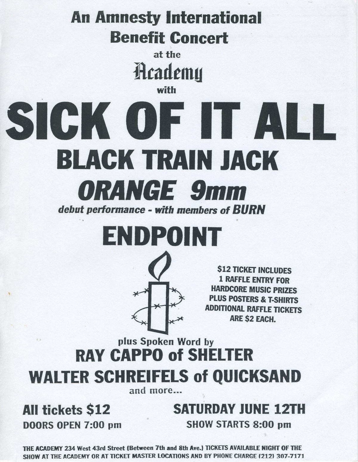 Vintage Sick Of It All "Amnesty International" Walter & Ray Spoken Word Flyer The Academy NYC Flyer