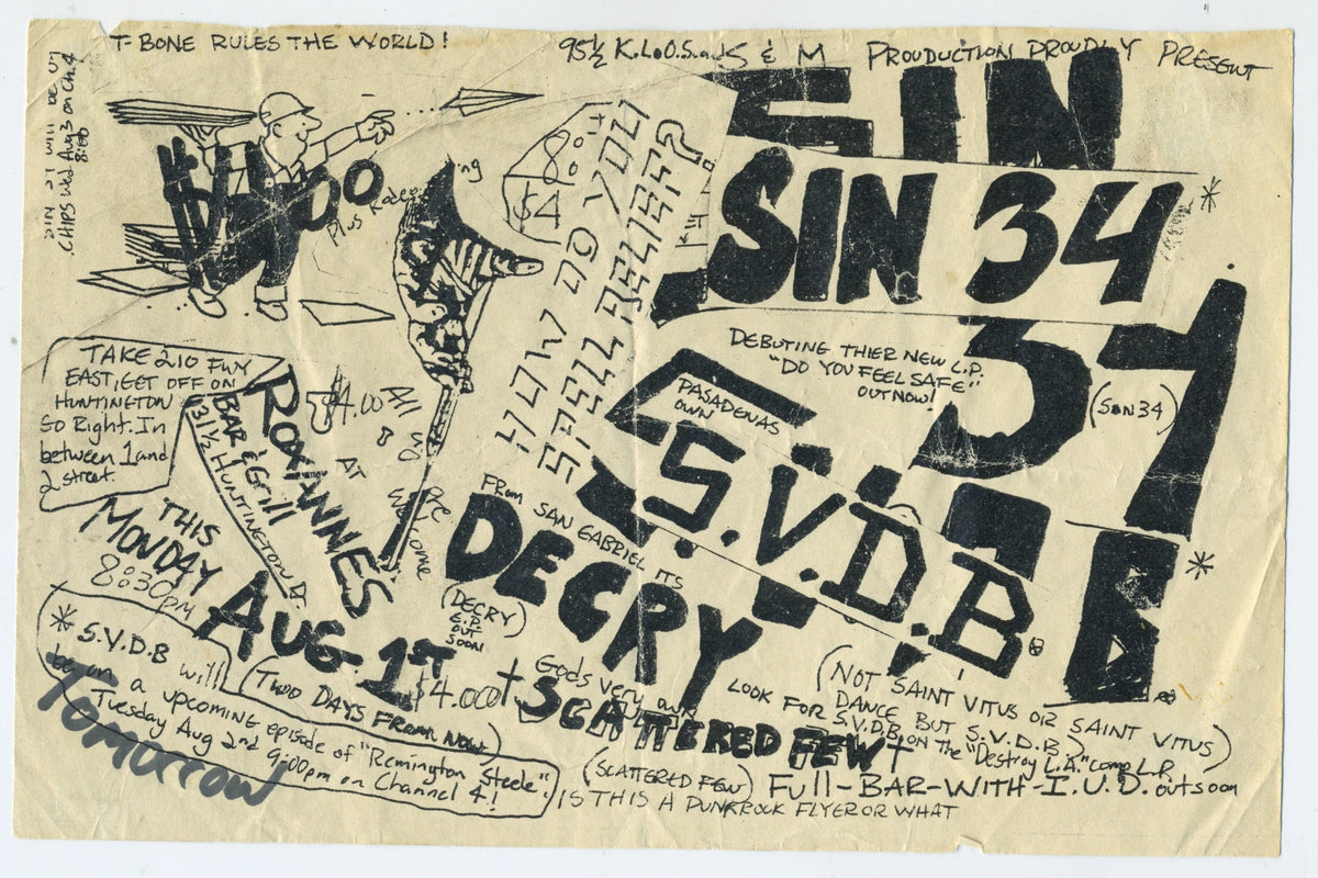 Vintage SIN 34 Do You Feel Safe Release Show Saint Vitus Dance Band Decry "Roxannes Bar & Grill" Flyer