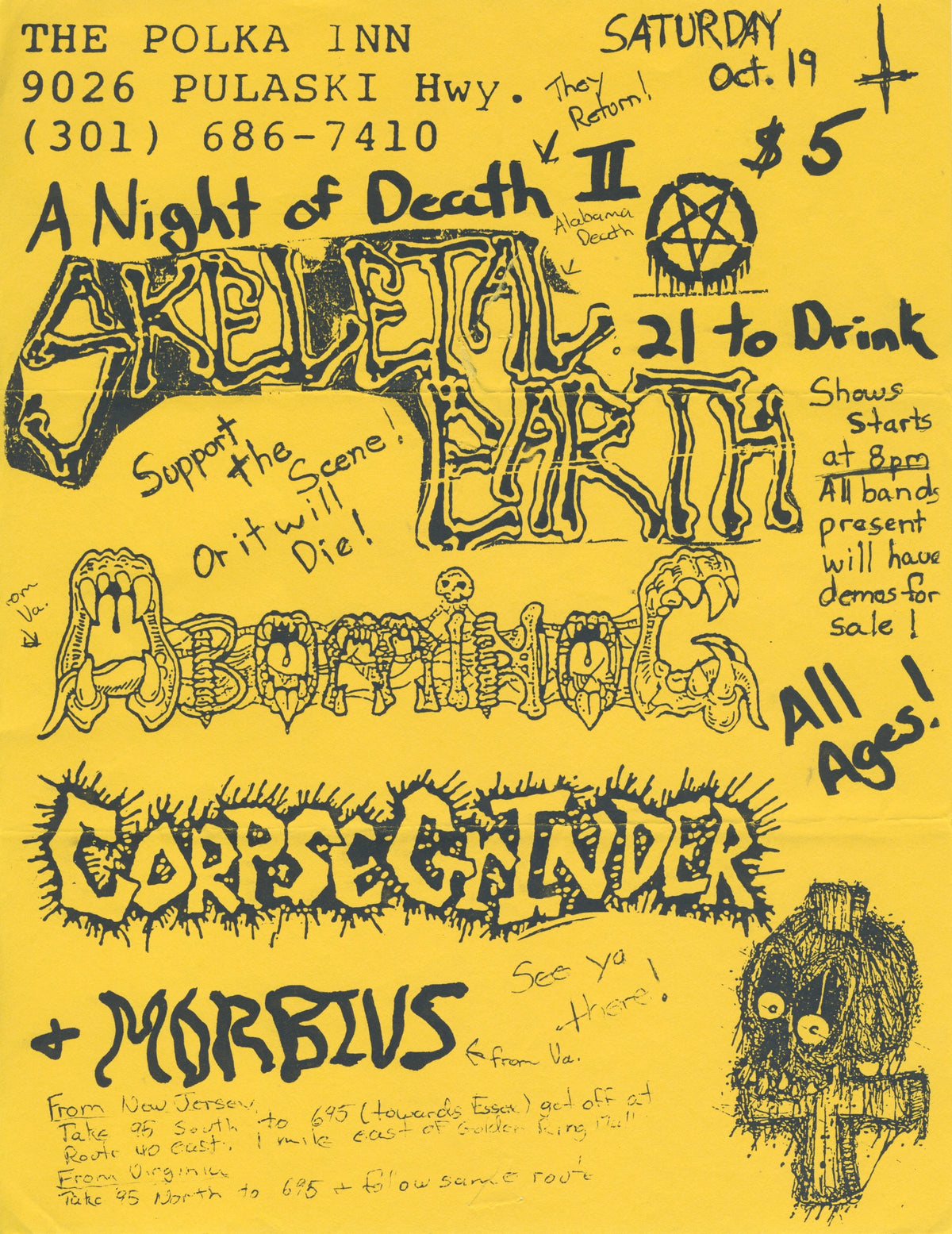 Vintage Skeletal Earth Abominog Corpsegrinder Morbius &quot;The Polka Inn&quot; Maryland Show Flyer