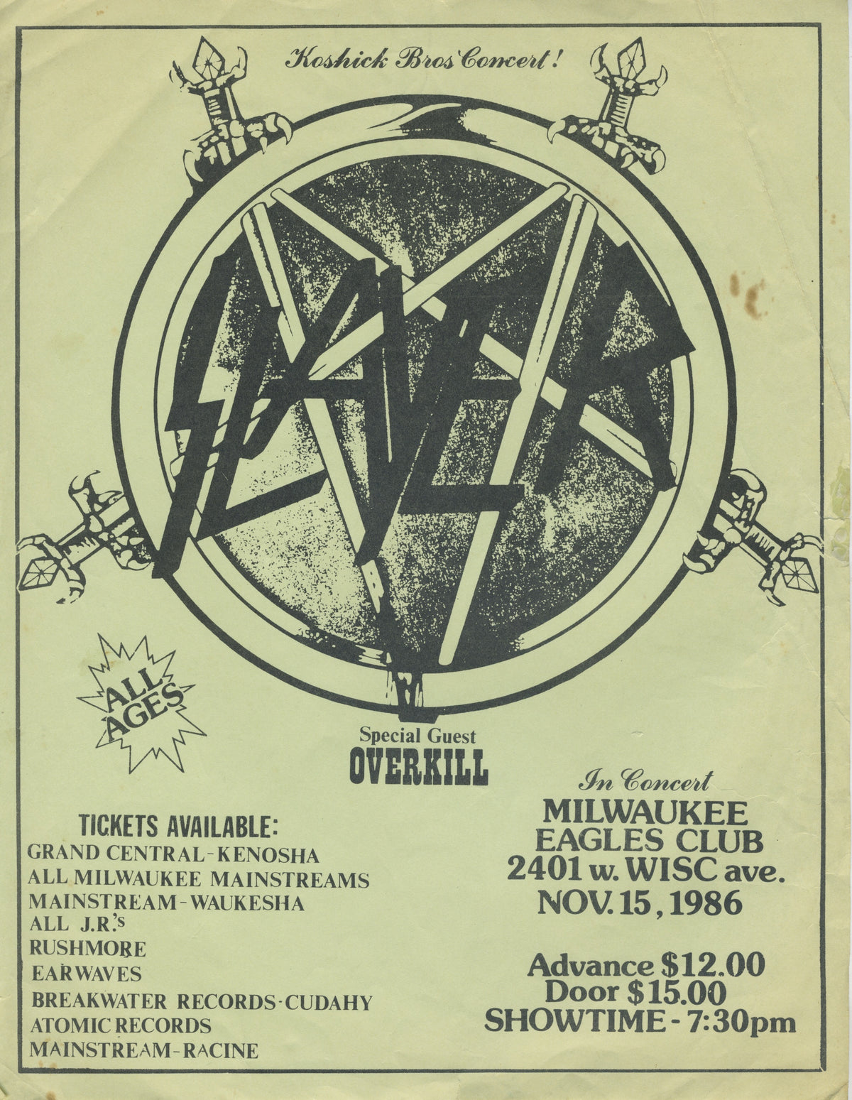 Vintage Slayer w/ Overkill &quot;Milwaukee&quot; Show Flyer