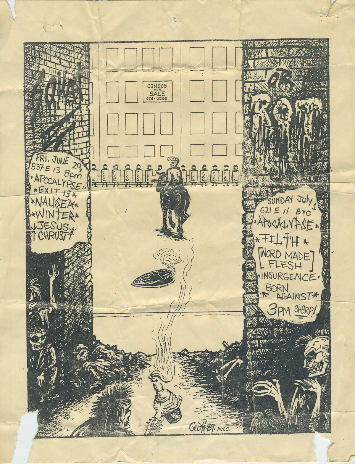 Vintage Squat Or Rot '89 2 Show Schedule "NYC" Nausea Winter Born Against Flyer - jointcustodydc