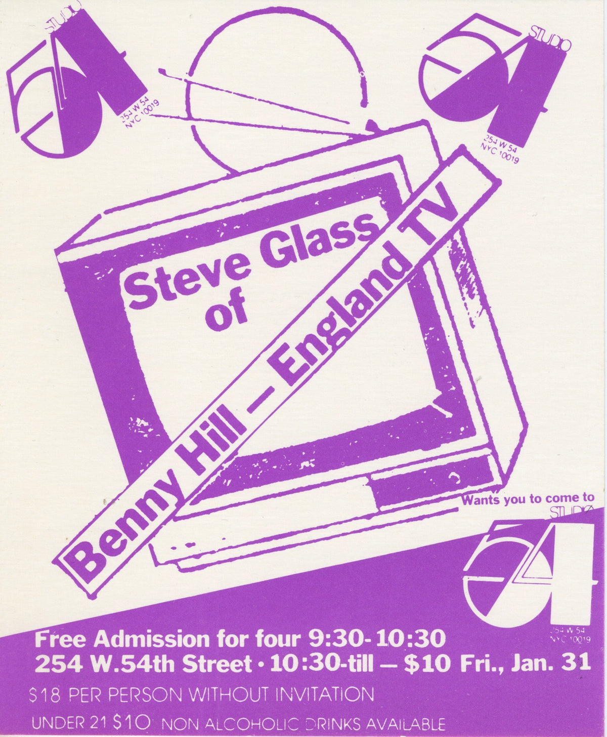 Vintage Studio 54 "Steve Glass Benny Hill- England TV" Invitation Card