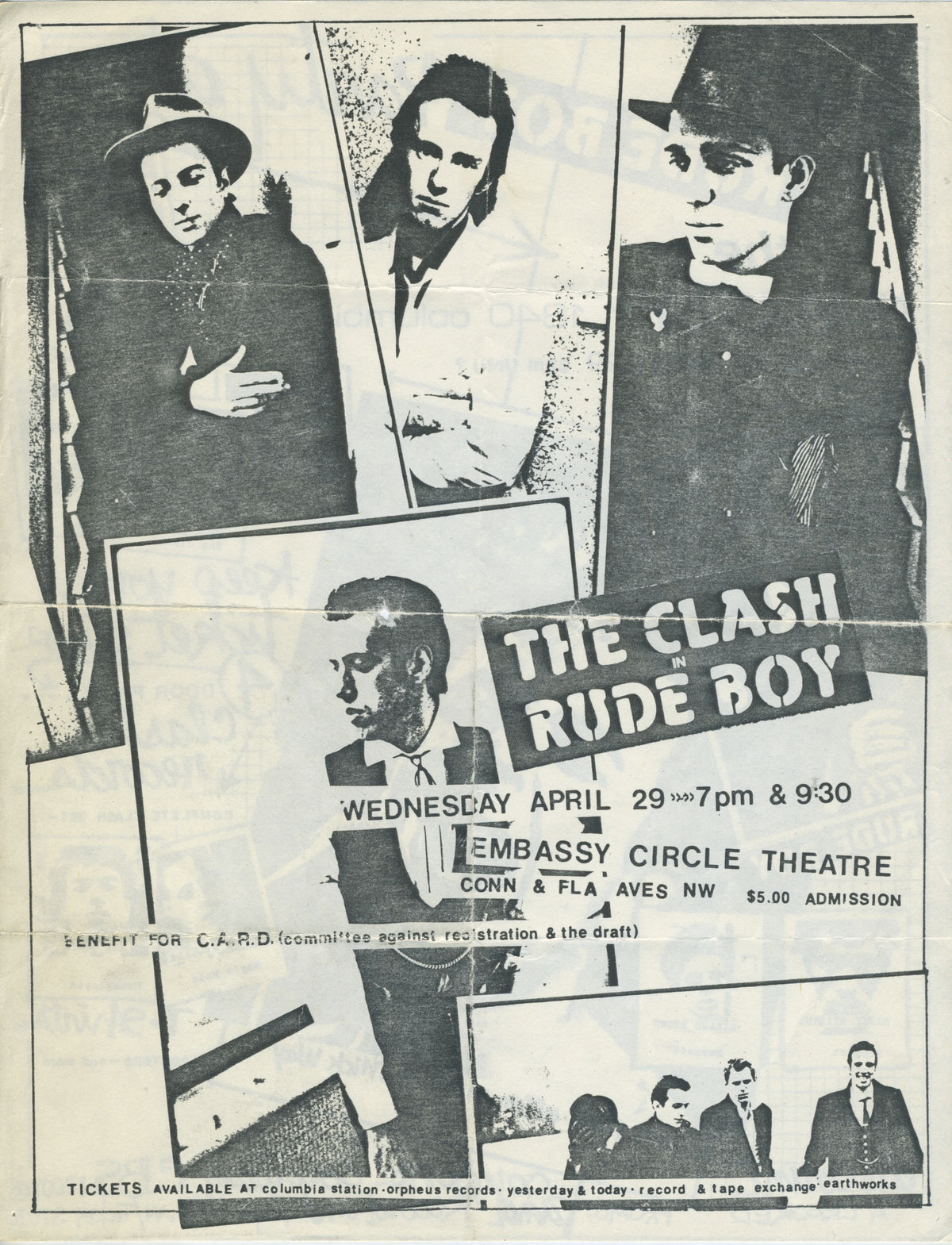 Vintage The Clash Rude Boy "Embassy Circle Theatre" Washington, D.C. 2-Sided Show Flyer