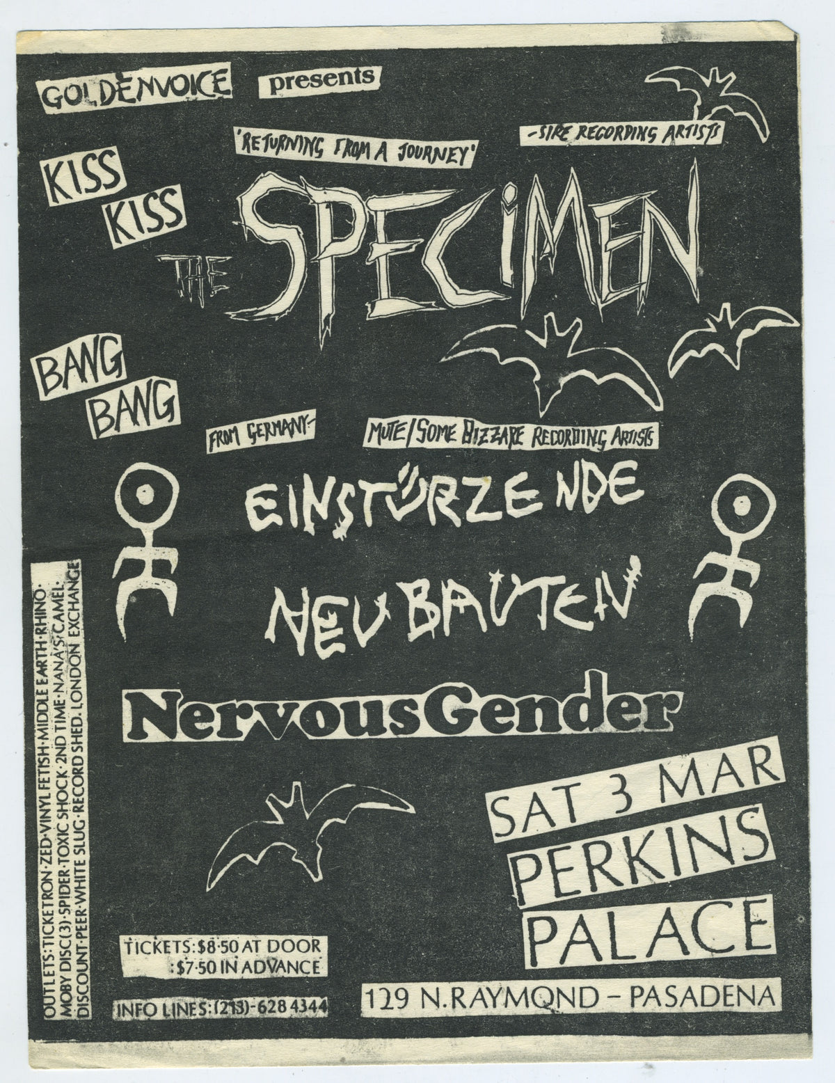 Vintage Specimen Einsturzende Neubauten Nervous Gender "Perkins Palace" Pasadena, CA Flyer