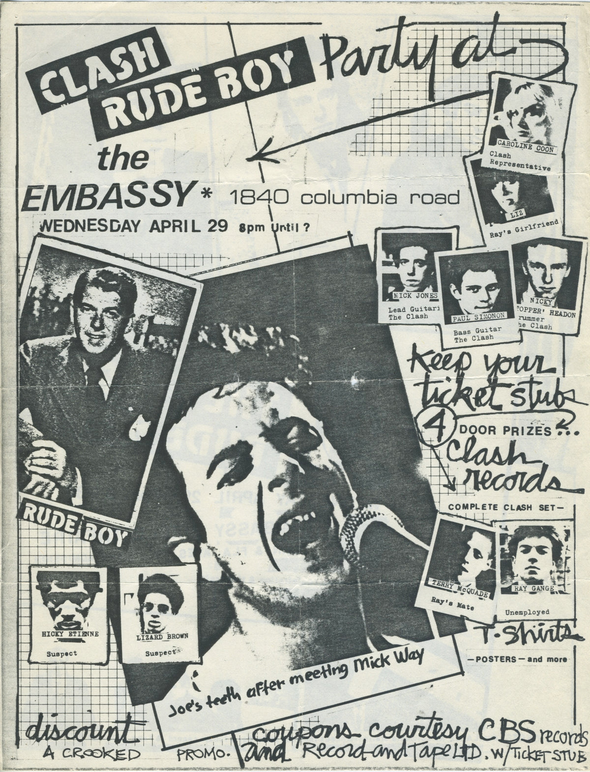 Vintage The Clash Rude Boy "Embassy Circle Theatre" Washington, D.C. 2-Sided Show Flyer