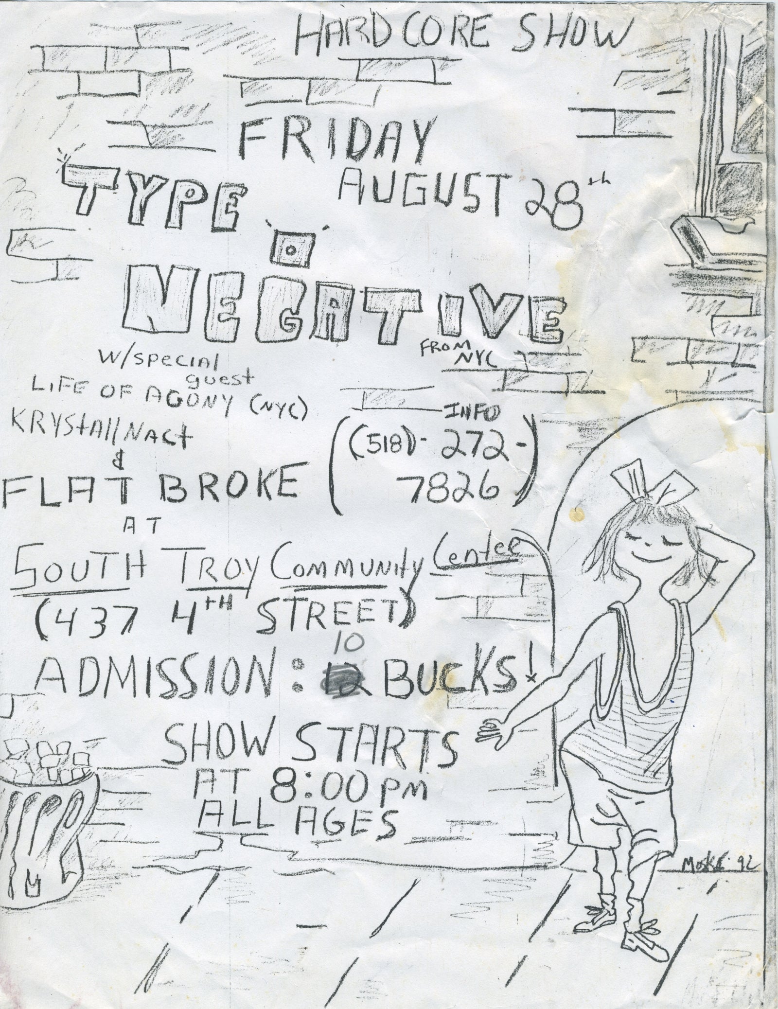 Vintage Type O Negative Life Of Agony Krystallnact Flat Broke "South Troy Community Center" Hardcore Flyer - jointcustodydc