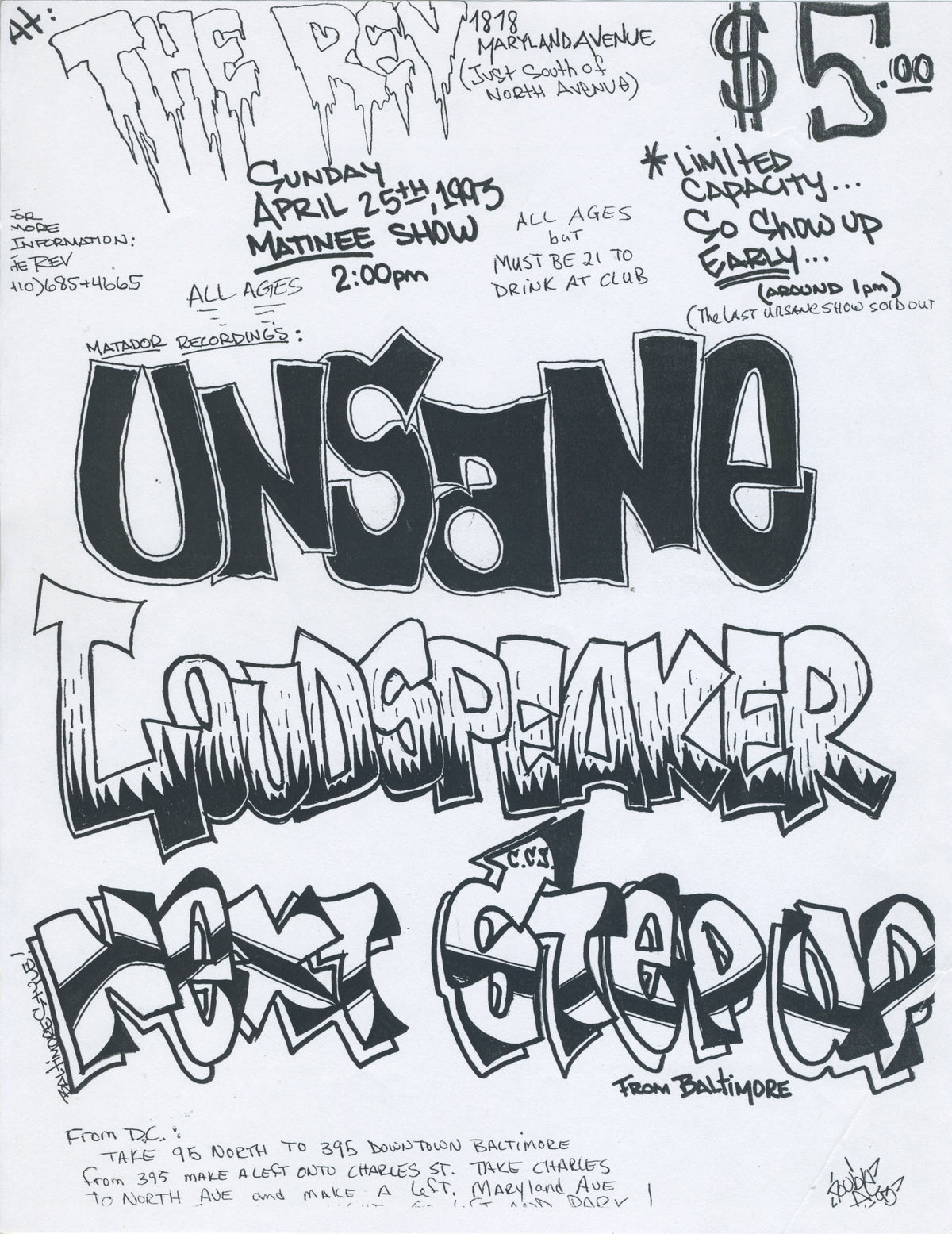 Vintage Unsane Loudspeaker Next Step Up &quot;The Rev&quot; Baltimore, MD Show Flyer