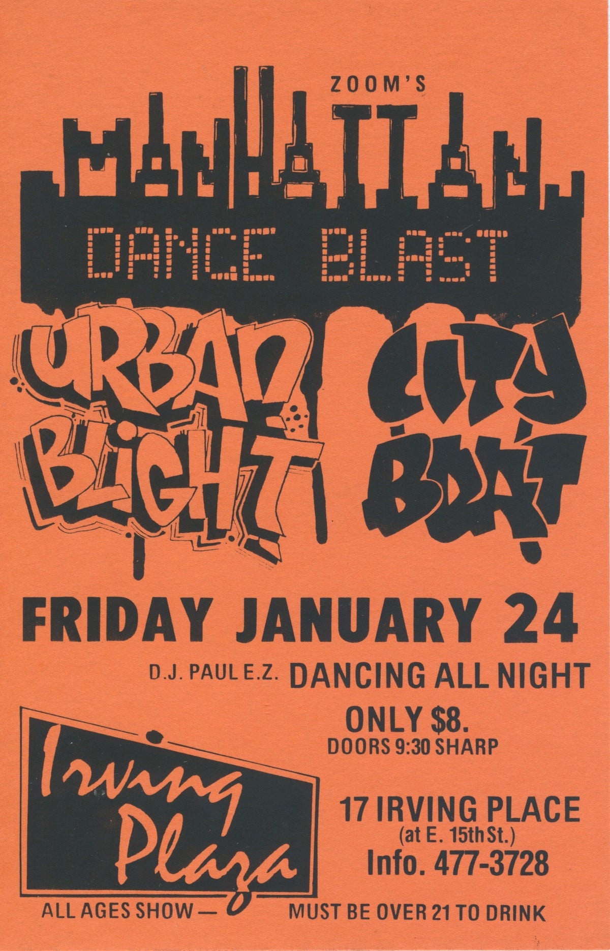 Vintage Urban Blight & City Beat "Manhattan Dance Blast" Irving Plaza Handbill - jointcustodydc