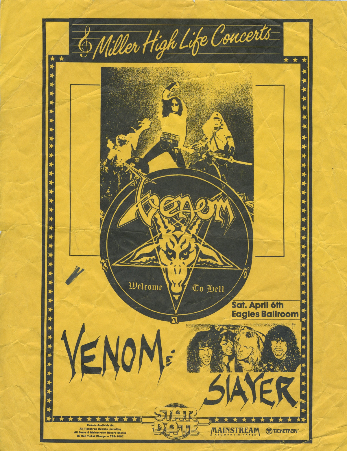 Vintage Venom &amp; Slayer &quot;Miller High Life Concerts&quot; Eagles Ball Room Show Flyer