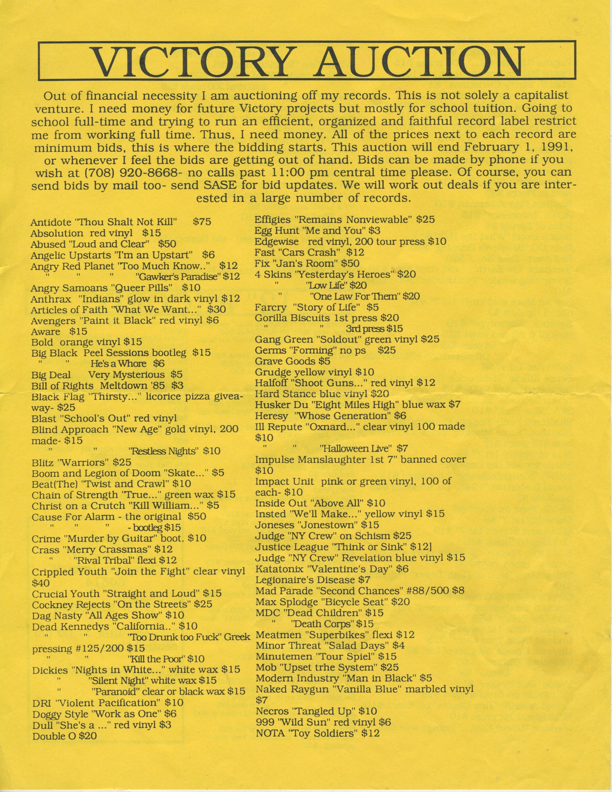 Vintage Victory Records &#39;91 Catalog + Victory Auction List Flyer
