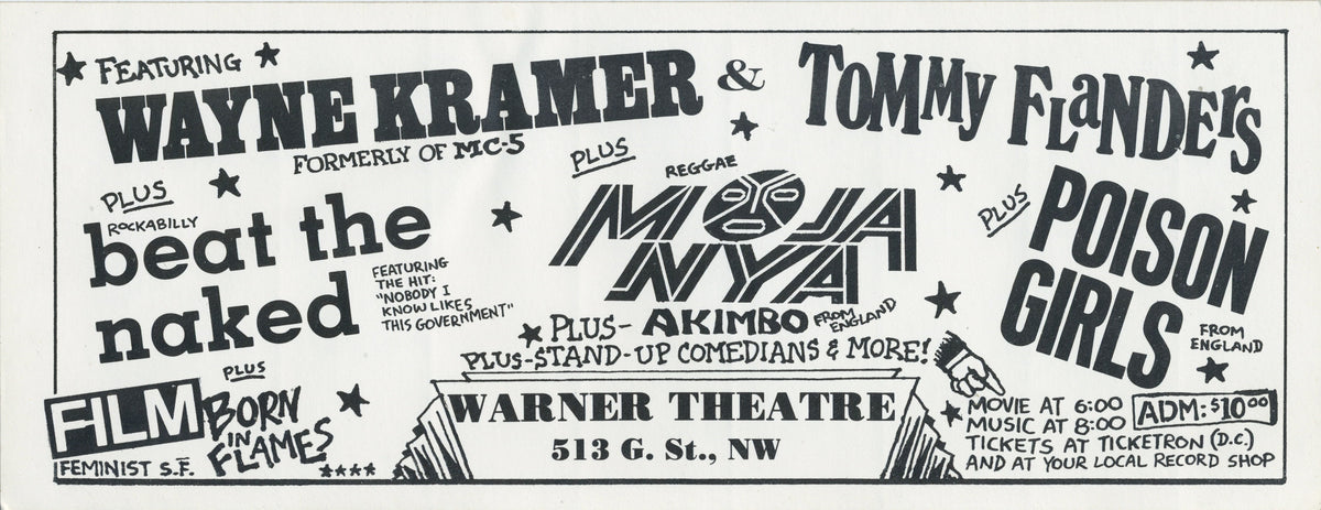Vintage Wayne Kramer & Tommy Flanders w/ Poison Girls + Moja Nya Lizzie Borden Born in Flames "Anti-Reagan" Warner Theatre Washington, DC Sticker Flyer