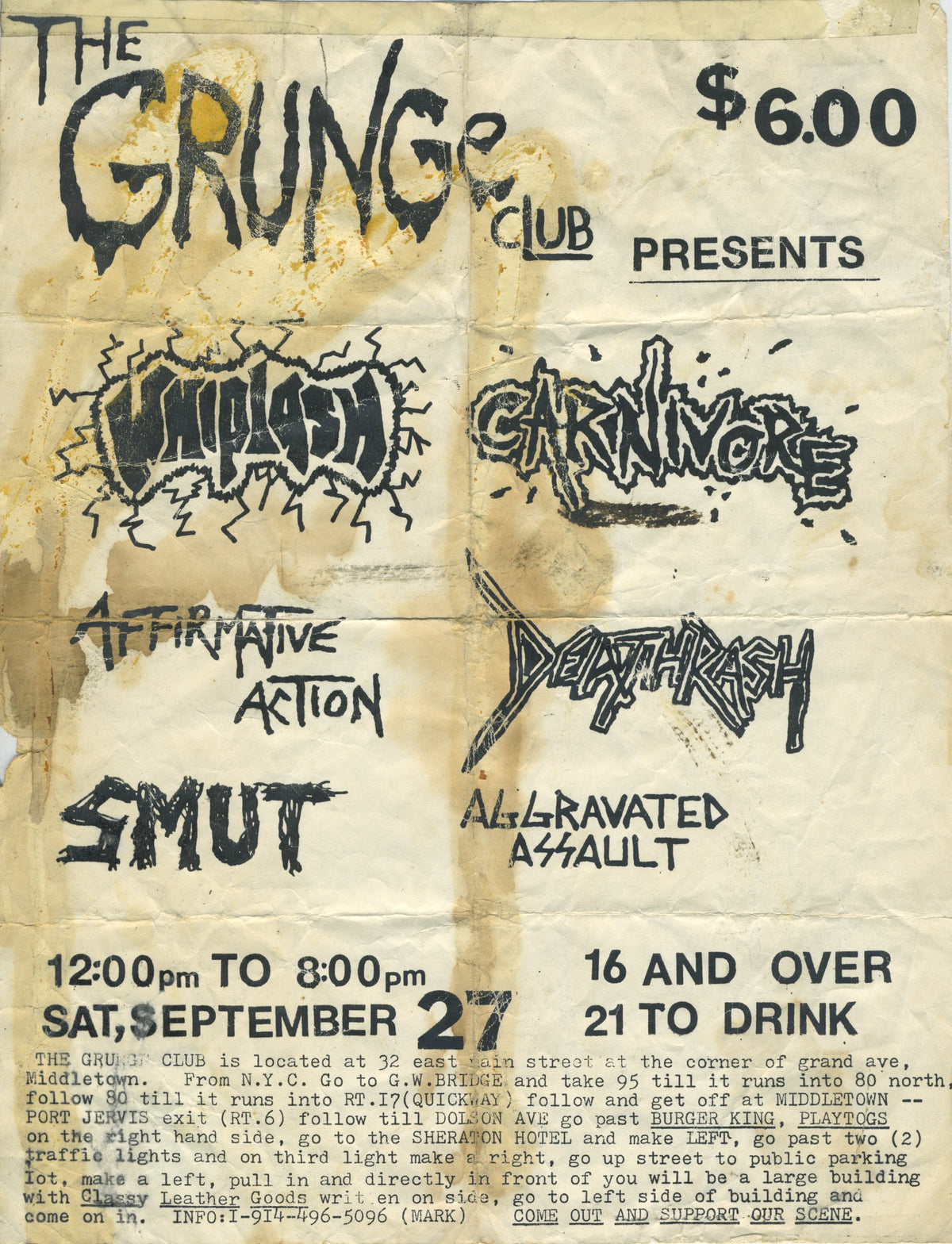 Vintage Whiplash Carnivore Affirmative Action &quot;The Grunge Club&quot; NY Show Flyer