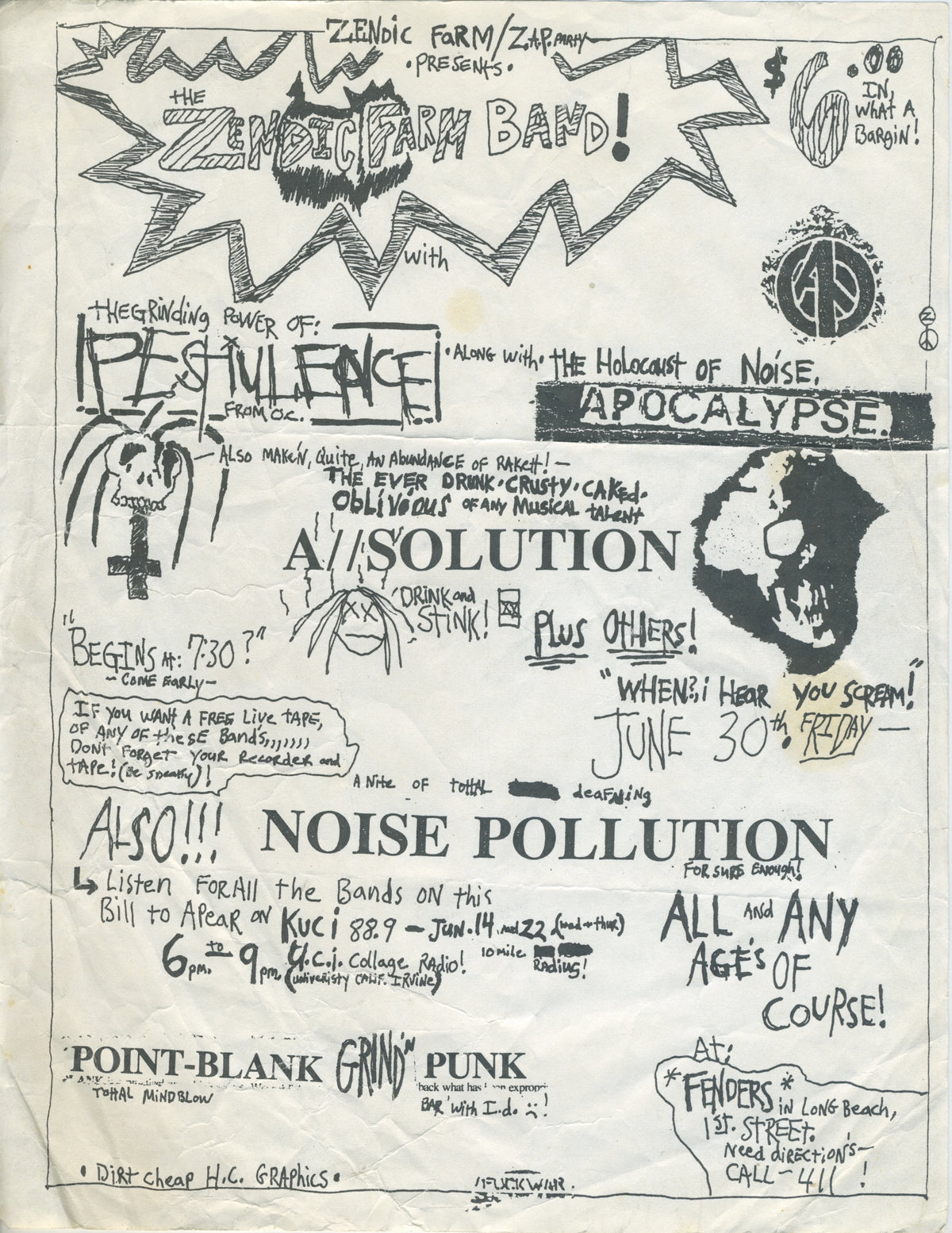 Vintage Zendik Farm Band &quot;Fender&#39;s Long Beach&quot; Pestilence Apocalypse A//Solution Show Flyer