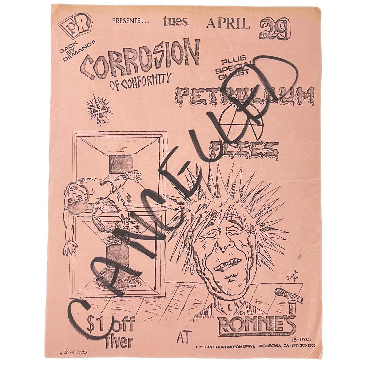 Vintage Corrosion Of Conformity &quot;Monrovia, CA 1986&quot; CANCELLED Ronnie&#39;s Flyer