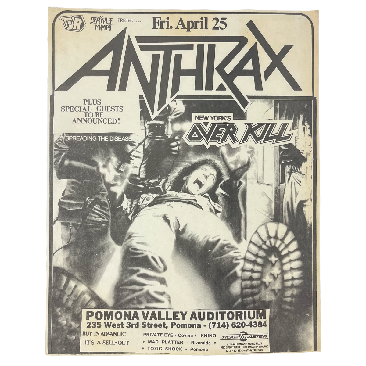 Vintage Anthrax Overkill &quot;Spreading The Disease&quot; Pomona Valley Auditorium Show Flyer