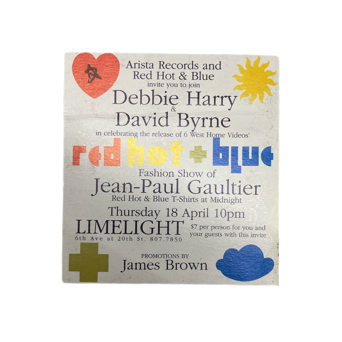 Vintage Limelight NYC &quot;Debbie Harry David Byrne&quot; Jean-Paul Gaultier Flyer Invitation