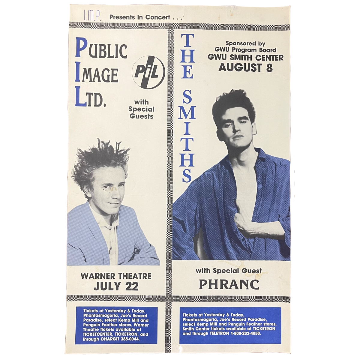 Vintage Public Image Limited The Smiths &quot;Washington, DC&quot; GWU 1985 Cardstock Poster Flyer