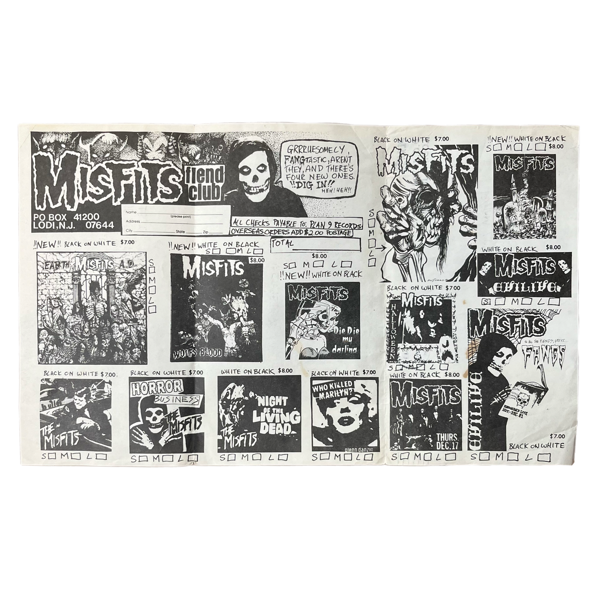 Vintage Original Misfits &quot;Fiend Club&quot; T-Shirt Order Form Flyer Ad