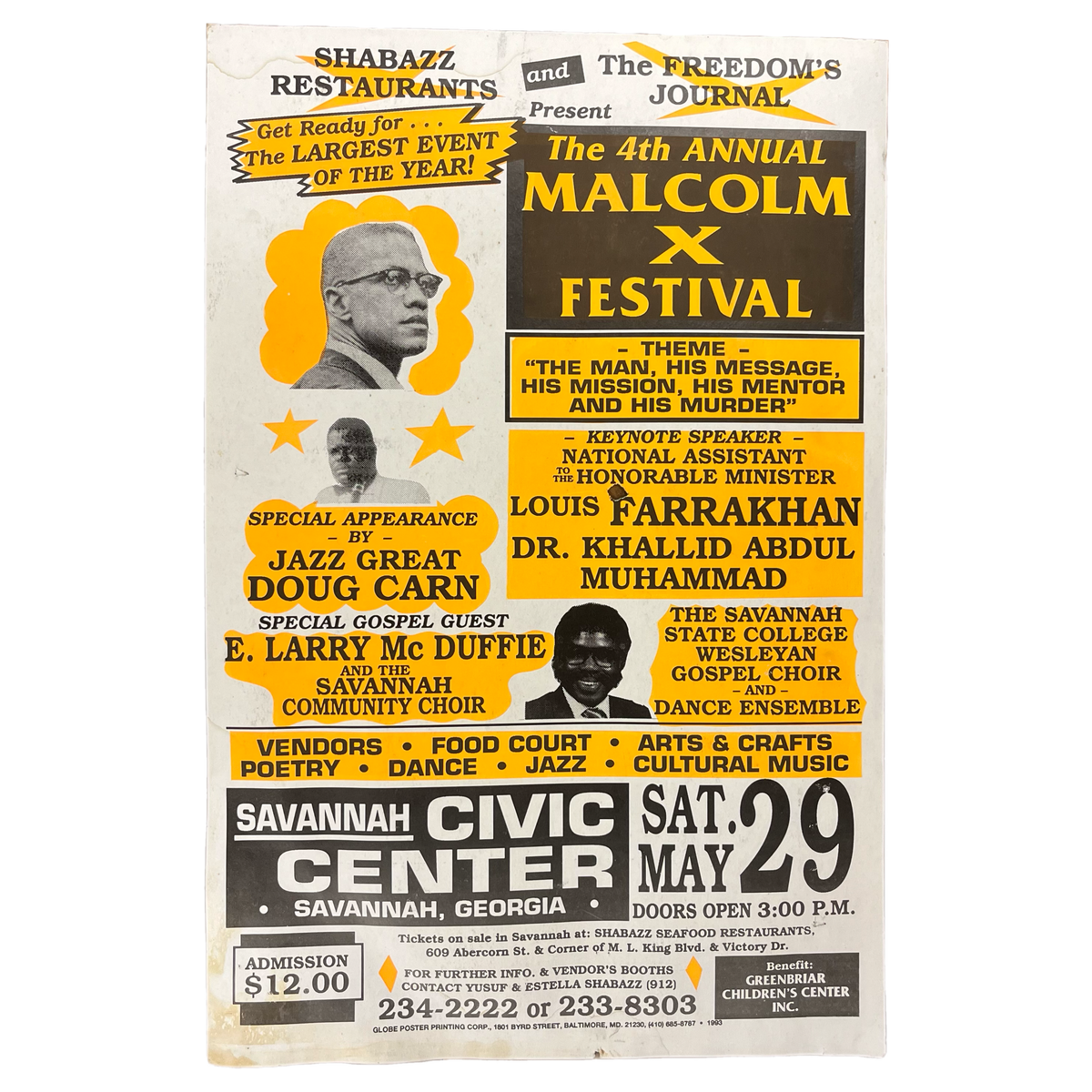 Vintage The Freedom&#39;s Journal &amp; Shabazz Restaurants Present &quot;Malcolm X Festival&quot; Doug Carn Louis Farrakhan Globe Poster