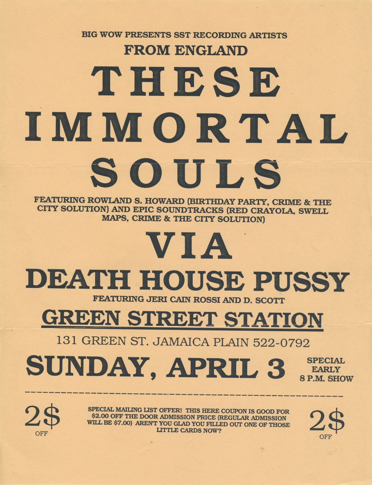 Vintage These Immortal Souls "Green Street Station" Jamaica Plain Boston, MA Show Flyer - jointcustodydc