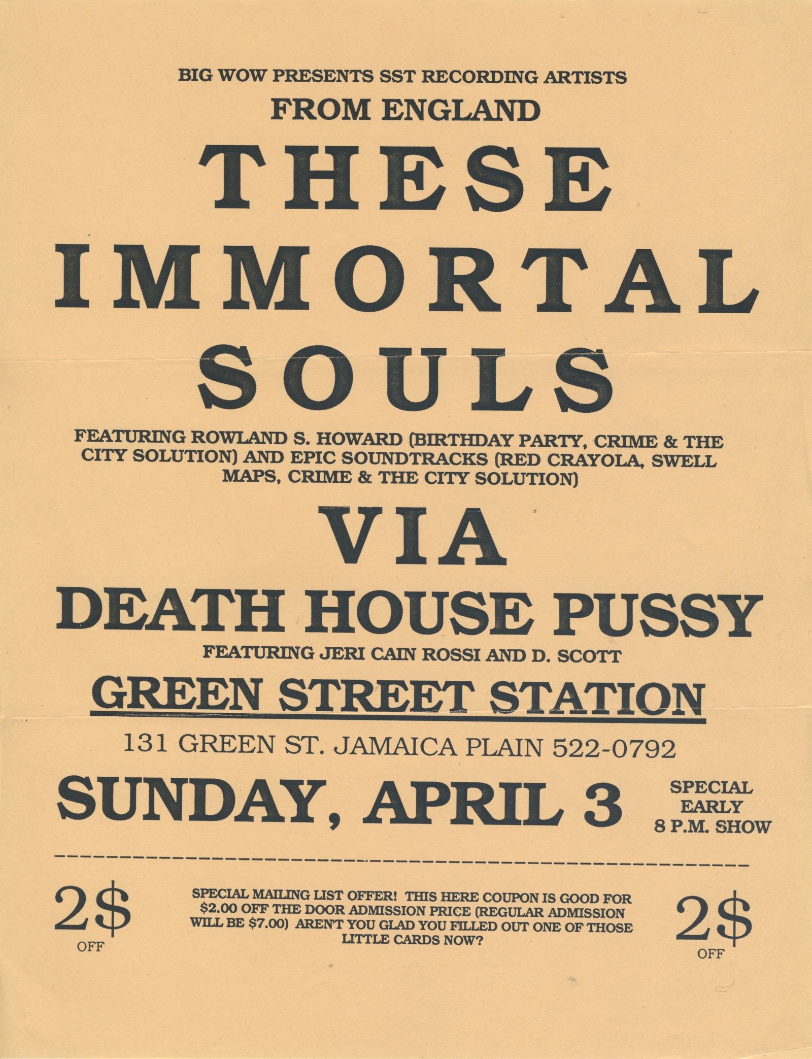 Vintage These Immortal Souls "Green Street Station" Jamaica Plain Boston, MA Show Flyer - jointcustodydc