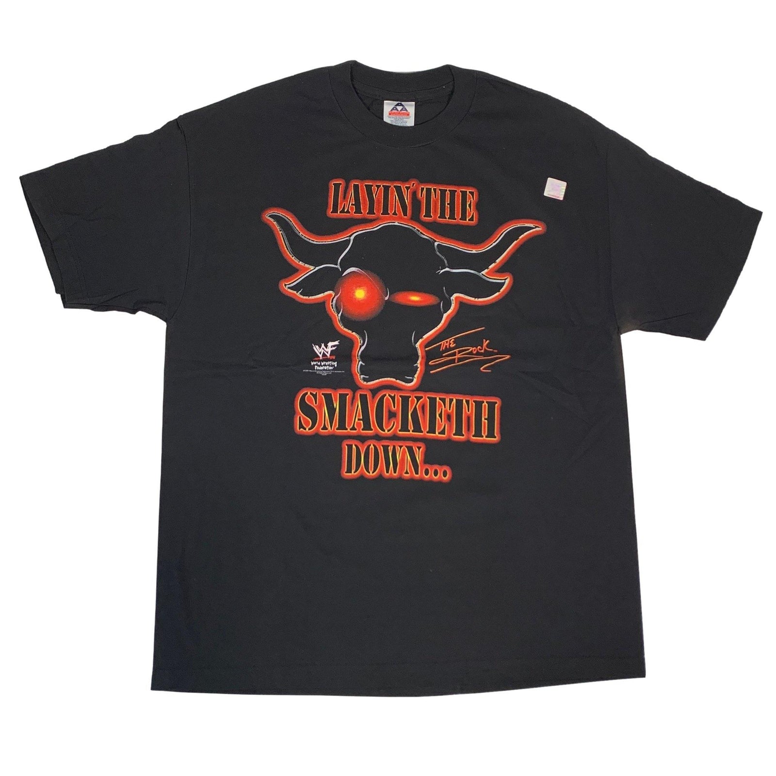 Vintage WWF Dwayne The Rock Johnson Layin the Smacketh Down on your roody-poo candy ass shirt front