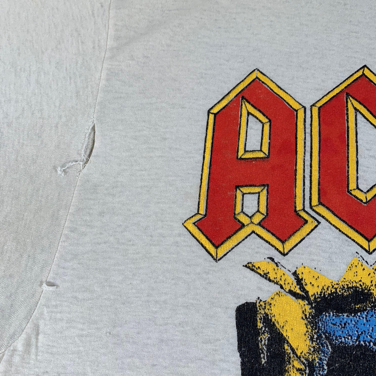 Vintage Original AC/DC Blow Up Your Video T Shirt sleeve rip detail