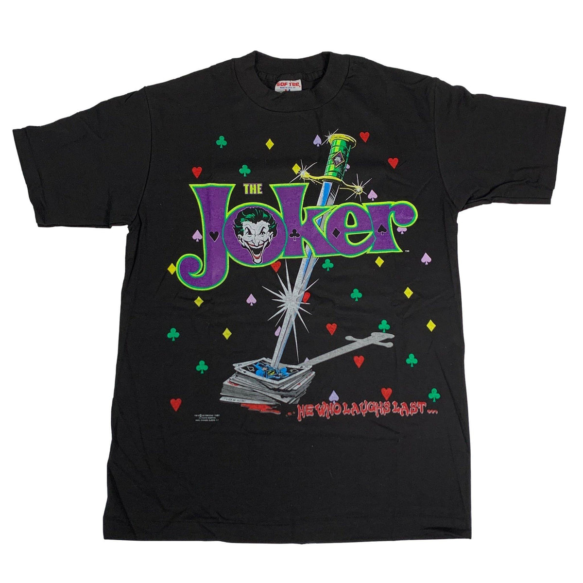 Vintage 1989 The Joker &quot;He Who Laughs Last...&quot; T-Shirt - jointcustodydc
