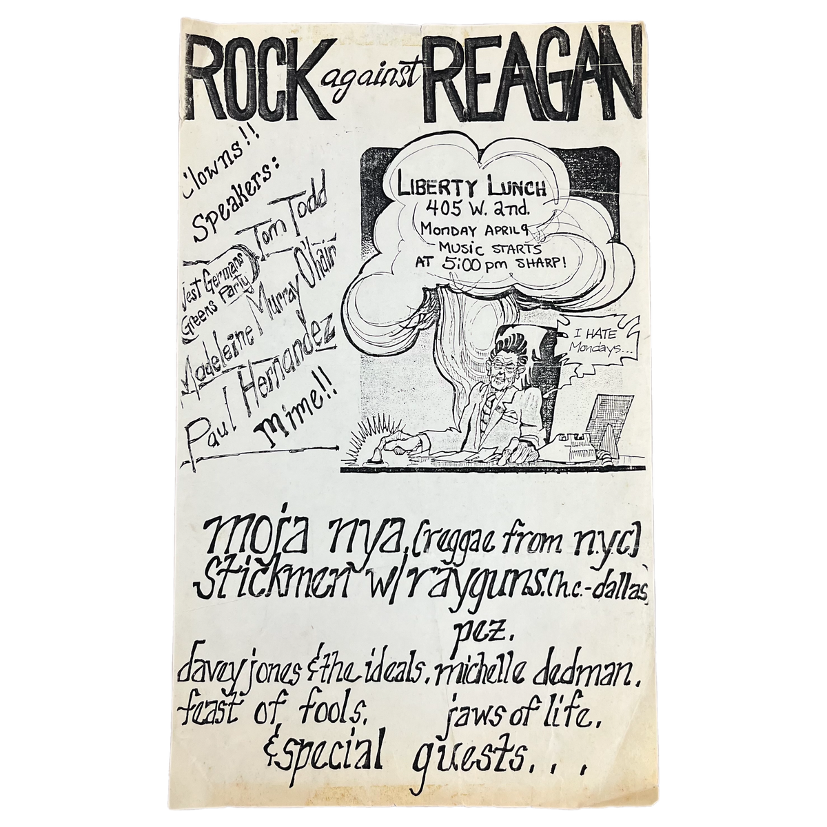 Vintage Rock Against Reagan &quot;Mora Nya&quot; Liberty Lunch Texas Flyer