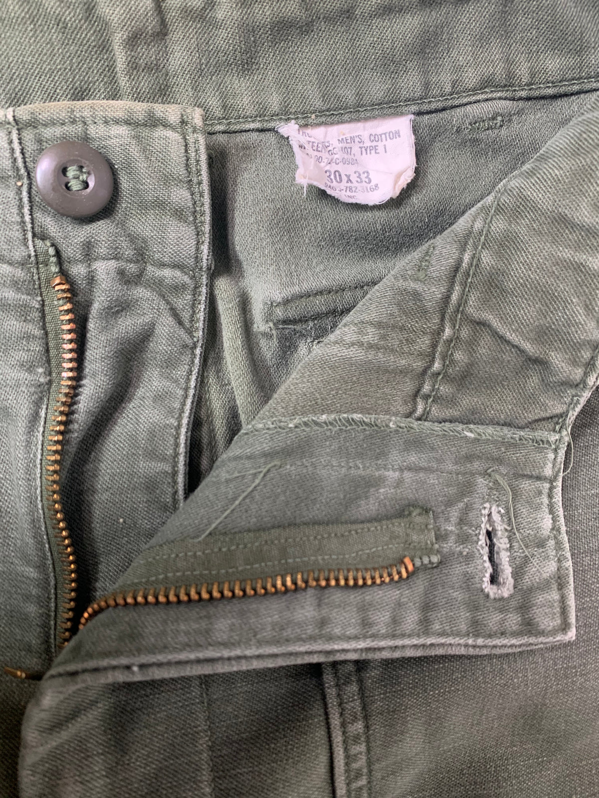Vintage US Army Sateen &quot;OG-107&quot; Cotton Trousers 28x29