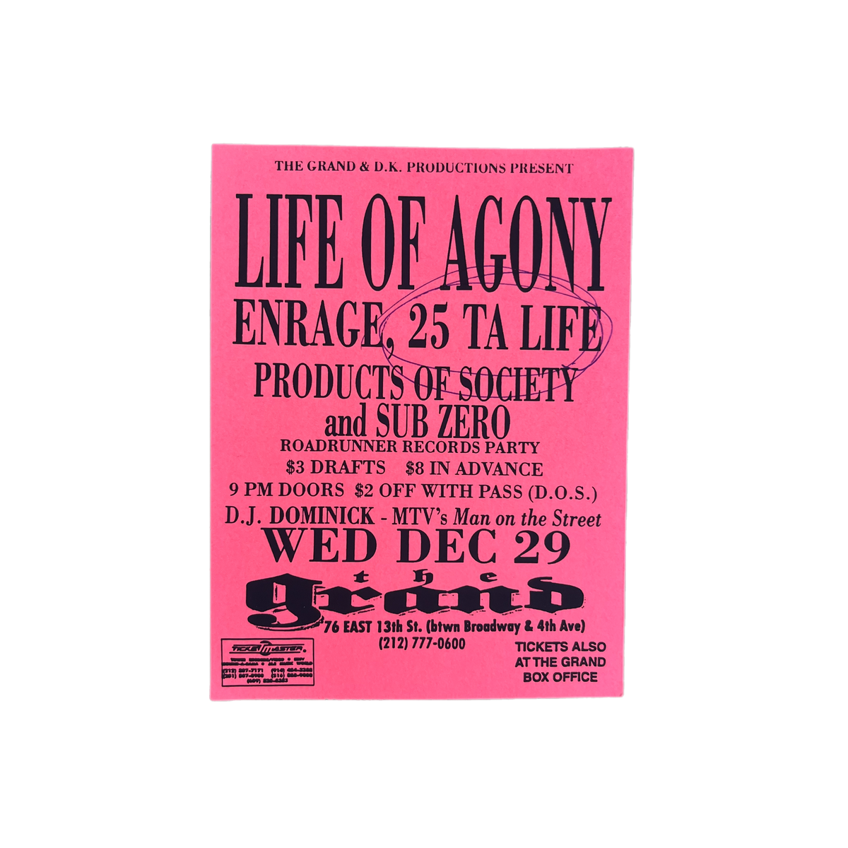 Vintage Life Of Agony 25 Ta Life Sub Zero D.J. Dominick &quot;The Grand&quot; NYC Mini Show Flyer