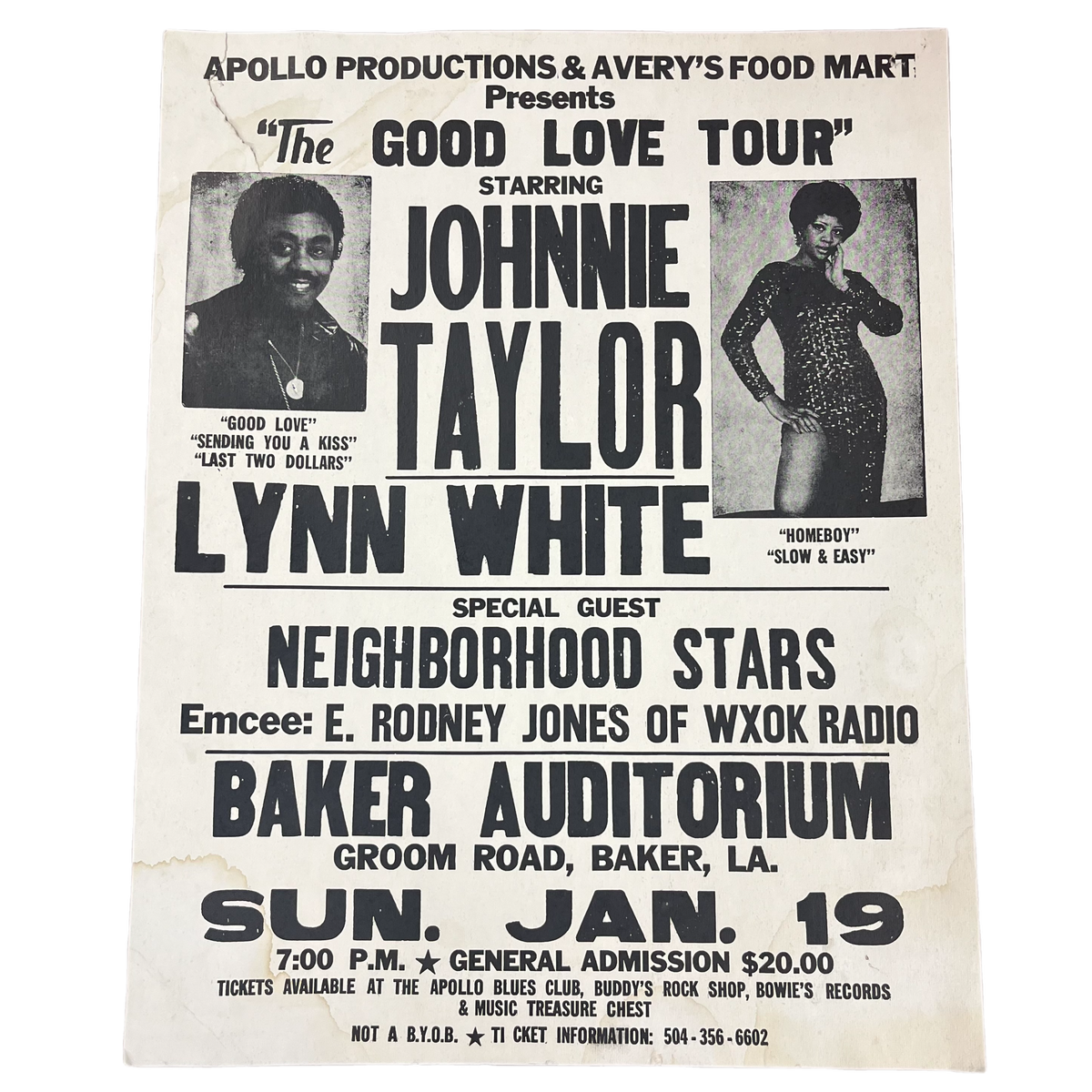 Vintage Apollo Productions &amp; Avery&#39;s Food Mart Presents Johnnie Taylor Lynn White E. Rodney Jones &quot;Baker Auditorium&quot; Show Poster