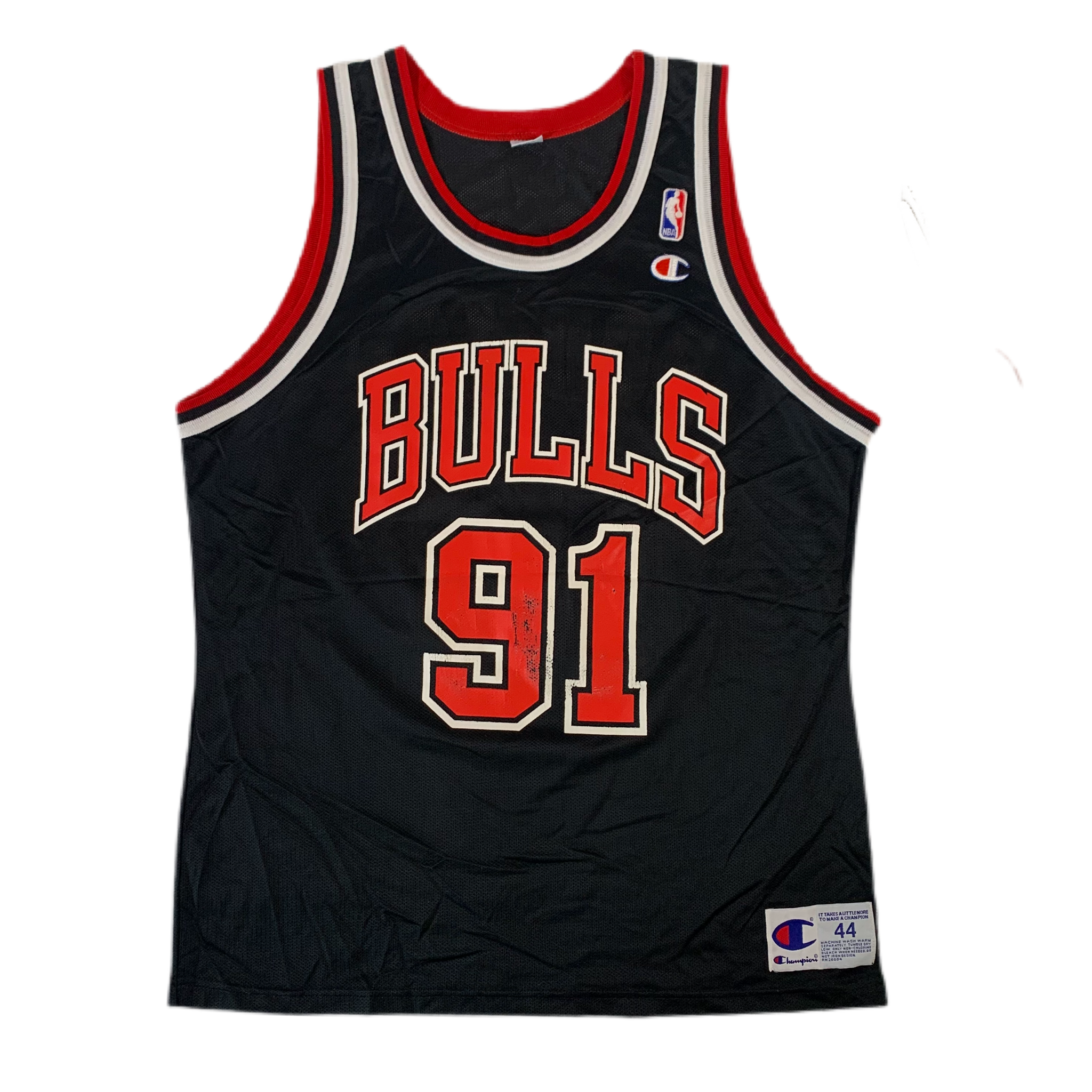 Vintage 90s DENNIS RODMAN #91 Black Chicago Bulls Champion NBA Jersey Size  44