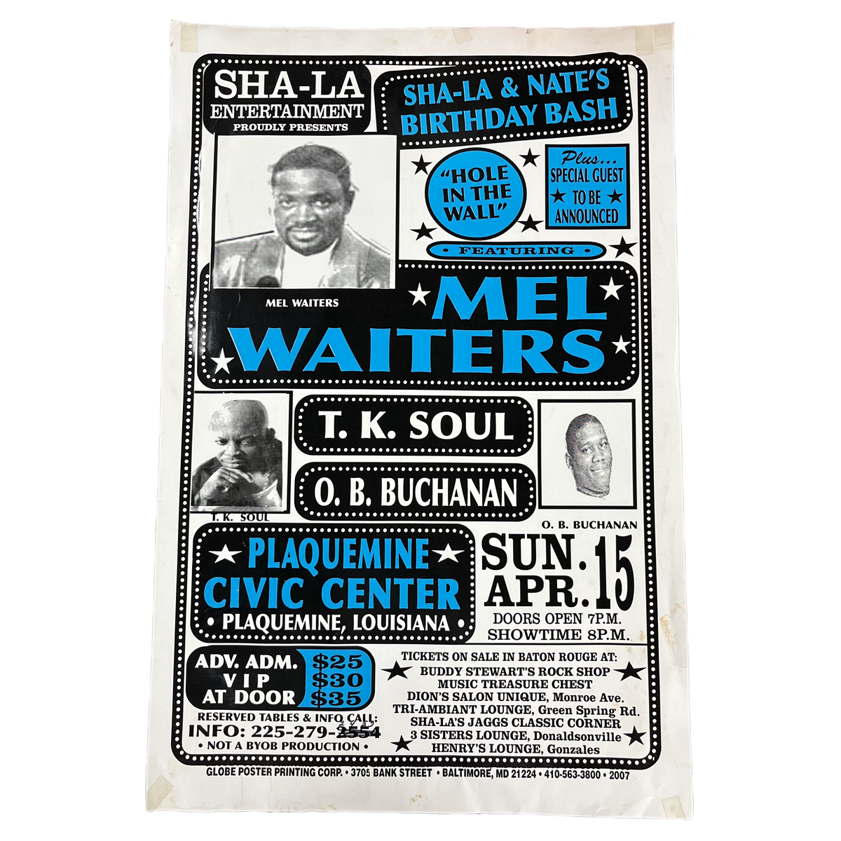 Vintage Sha-La &amp; Nate&#39;s Birthday Bash Mel Waiters T.K. Soul O.B. Buchanan &quot;Globe Poster Printing Corp&quot; Show Poster
