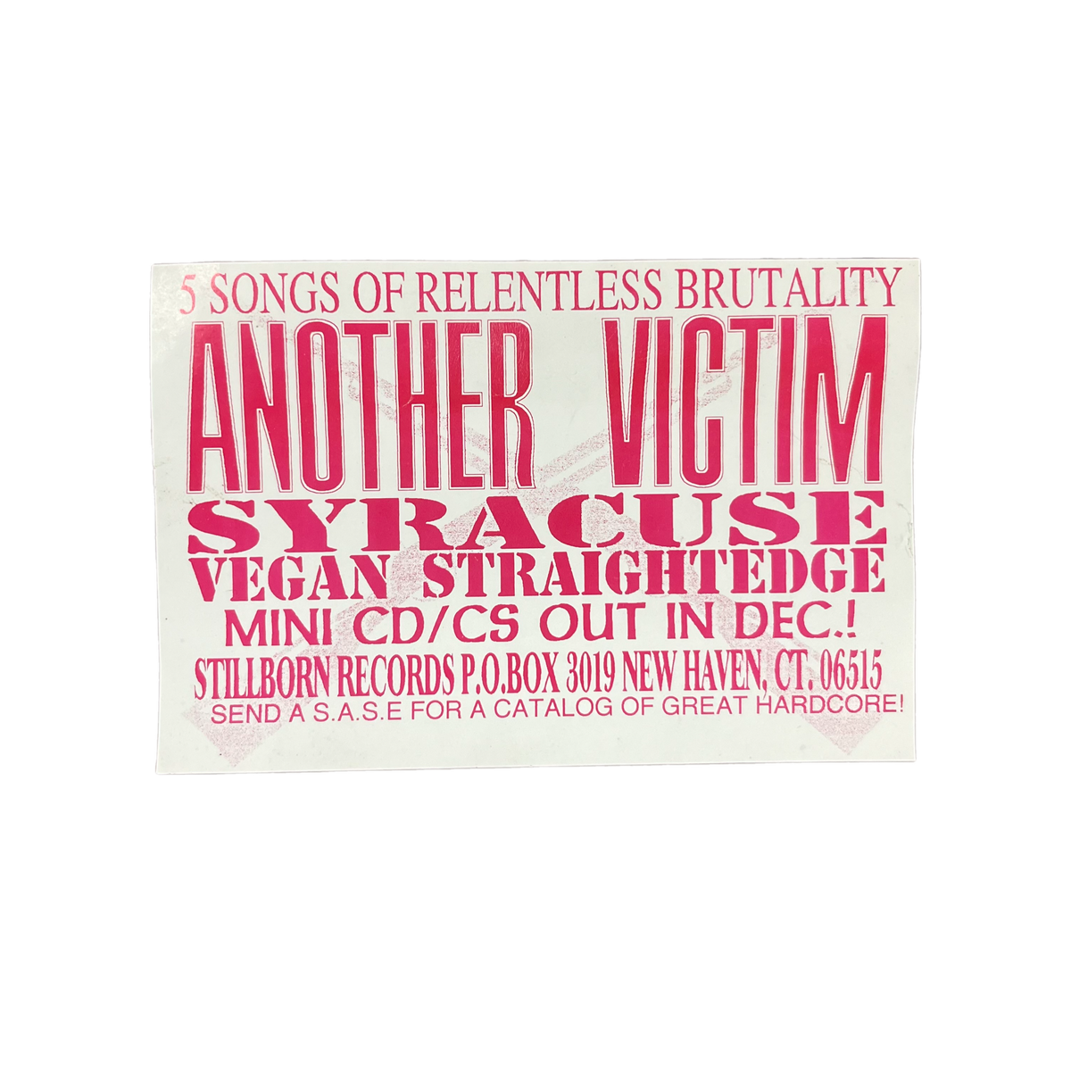 Vintage Another Victim &quot;Syracuse Vegan Straight Edge&quot; Stilborn Records Promotional Flyer