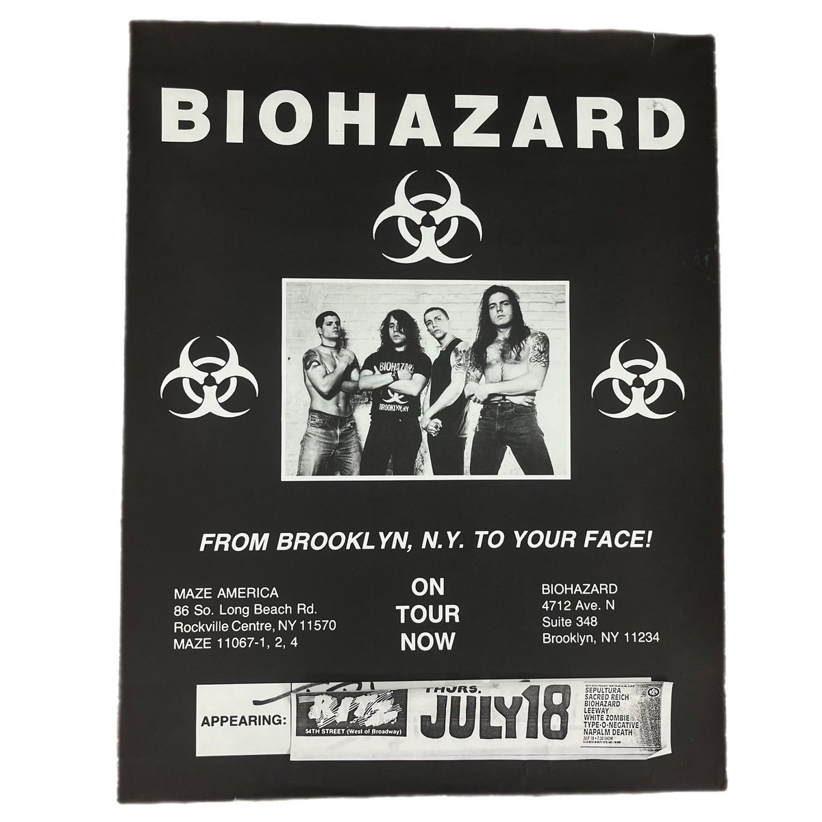 Vintage Biohazard &quot;From Brooklyn, NY To Your Face!&quot; The Ritz Tour Poster